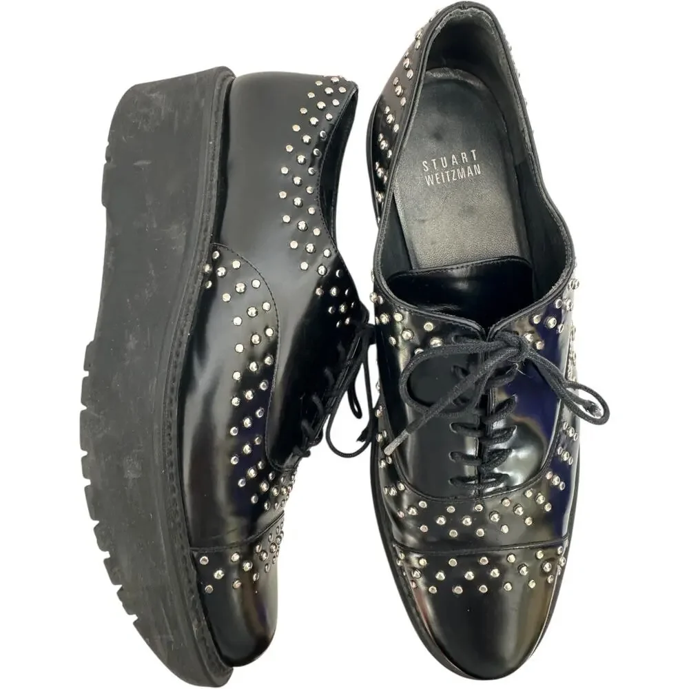 Stuart Weitzman Black Studded Patent Leather Platform Oxfords SW 88216 size 9